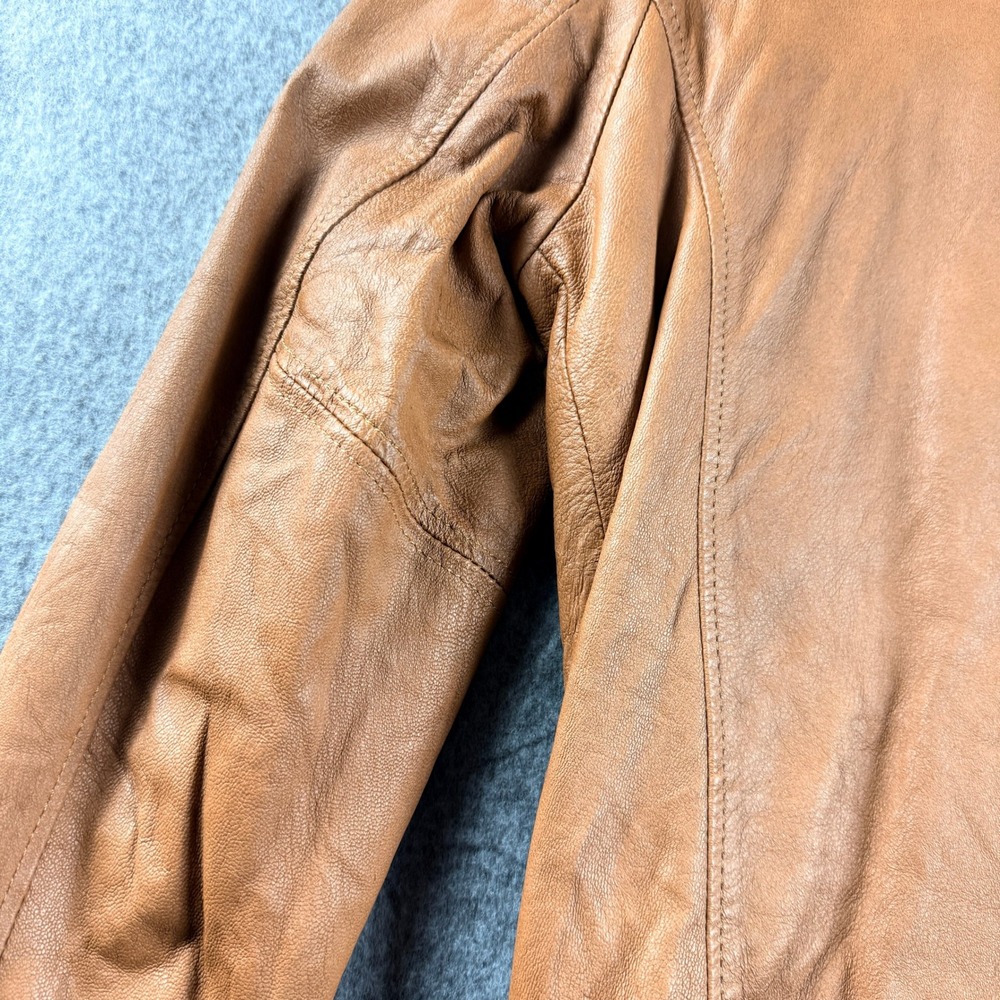 Mario Hernandez Leather Bomber Jacket Tan Brown Mens SZ 40 Zip Front Ribbed Trim - Picture 13 of 16